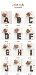 Detailed grid showing leopard print alphabet keychains with fluffy brown pompoms