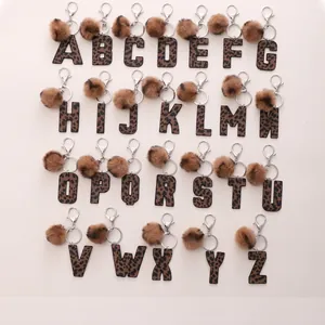 Western Cowboy Leopard Print Leather Alphabet Keychain With Brown Plush Pom-Pom Edge Oil Letter Pendant Keychain Bag Charm Women Accessory