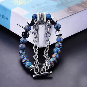 Mens beaded malachite bracelet with stainless steel chain and toggle clasp in hip hop style