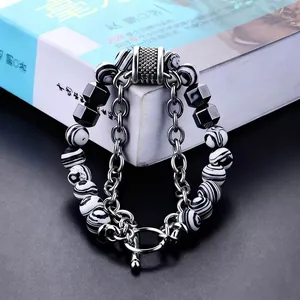 Double-layer men's malachite bracelet with silver chain and toggle clasp closure