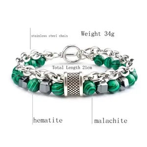 Men's double-layered malachite and hematite bead bracelet with stainless steel toggle clasp
