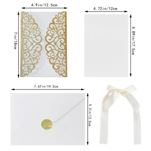 Elegant gold glitter hollow heart wedding invitation set with white ribbon and envelope