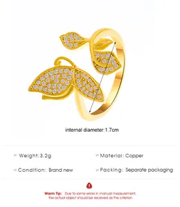 Detailed size specifications for the gold butterfly open ring with copper and zircon