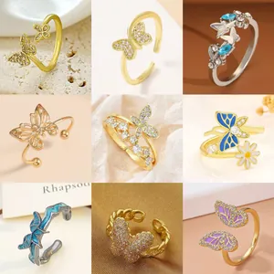 Elegant Copper Zirconia Butterfly Open Ring Adjustable Fashion Exquisite Jewelry For Women Girls Birthday Daily Accessory Gift