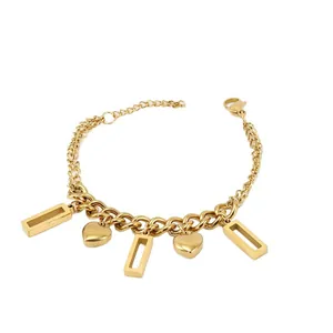 Double-layered 18K gold-plated stainless steel heart bracelet with rectangle charms