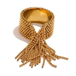 Beaded Tassel Open Ring Stainless Steel Waterproof Hypoallergenic Fashion Finger Jewelry Accessory For Women