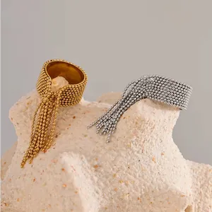 Elegant gold and silver beaded tassel open rings made of premium stainless steel