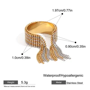 Detail of waterproof stainless steel tassel ring with gold and silver beads and dimensions
