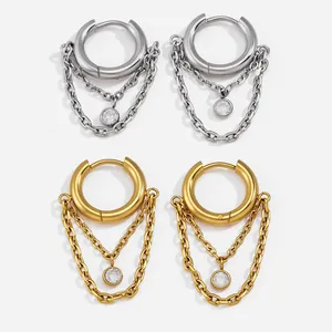 Orecchini a Cerchio con Catena di Strass in Acciaio Inossidabile per Donna Gioielli Geometrici Leggeri in Oro Argento