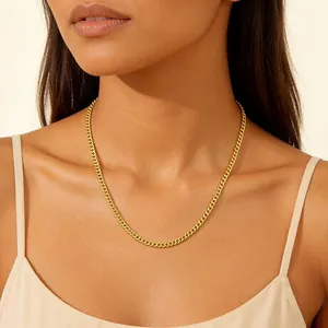 Curb Chain Necklace 18K Gold Plated Stainless Steel Minimalist Link Jewelry For Men Women Adjustable Clasp