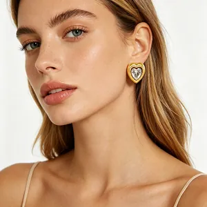 Heart Stud Earrings 18K Gold Plated Stainless Steel Heart Shaped Clear Zircon Milgrain Edge French Romantic Style For Women
