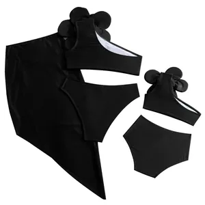 Matching mother daughter 5-piece black bikini set with 3D floral one shoulder detail