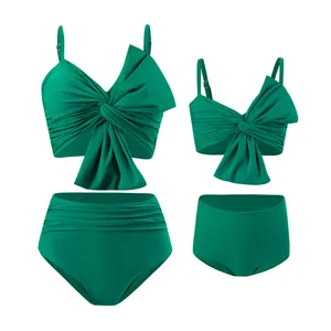 Bikini Coordinato Mamma e Figlia in Nylon con Fiocco Top e Bottom Stampa Floreale Tropicale Vita Alta Moda Mare Spiaggia