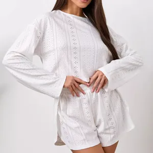 Women Eyelet Broderie Anglaise Long Sleeve Top And High Waist Shorts Loungewear Pajamas Soft Jacquard Round Neck