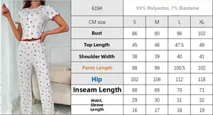Size guide for cherry print short sleeve and pants pajama set in S, M, L, XL dimensions