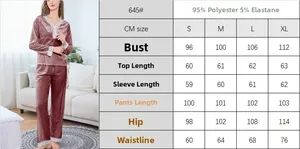 Size chart for velvet lace pajama set showing measurements in CM and fabric composition