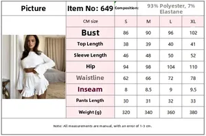 Size chart for women's ruffle loungewear set showing S to XL dimensions in cm and grams