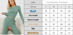 Size chart for women's two-piece loungewear set with S to XL measurements in centimeters