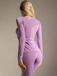 Detail of lavender ribbed knit set showing texture and slim fit from back view