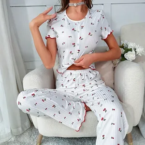 Women Pajamas Cherry Print Ribbed Knit Short Sleeve Button Down Top And Long Pants Lounge Wear With Lettuce Edge