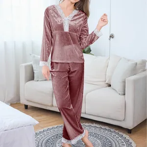 Women Elegant Velvet Pajama Long Sleeve Top And Pants V-Neck Lace Trim Loungewear Sleepwear Homewear For Winter Warm Comfortable Polyester Fabric