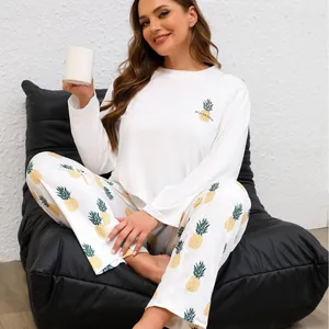 Set Loungewear Donna Taglie Forti con Stampa Ananas Girocollo Sopra e Sotto a Maniche Lunghe Pigiama Casual