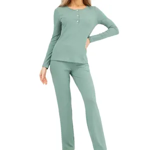 Sage green ribbed loungewear set with long sleeve button top and matching pants