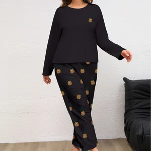 Pigiama da donna taglie forti set due pezzi nero con stampe di ananas gialli, stile casual
