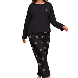 Pigiama taglie forti donna nero con maglia a maniche lunghe e pantaloni ananas