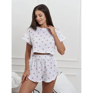 Women Cotton Gauze Cherry Print Pajamas Loungewear Set Loose Breathable Round Neck Top And Bottom Sweet Home Wear
