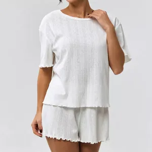 Dames Pyjama Top En Shorts Loungekleding Katoenmix Pointelle Breisel Slarand Ruches Zomer Nachtkleding Casual