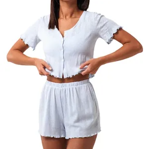 Set pigiama corto da donna in cotone blu con bottoni e dettagli con bordi a volant