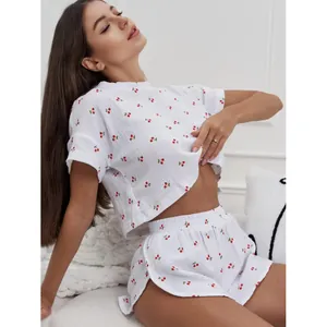 Women's cherry print cotton crepe pajama set with short sleeves and slit shorts