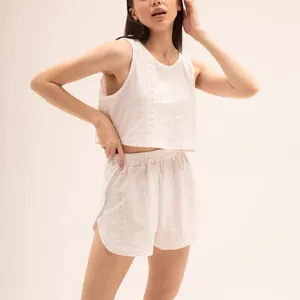Dames Pyjama Top En Shorts Mouwloze Crop Tank High Waist Shorts Borduurwerk Loungewear Polyester Spandex Chic