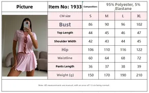 Size chart for women pajama set showing S to XL measurements in CM for top and shorts