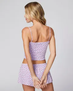 Rear view of lavender floral camisole set showing delicate straps and soft fabric texture
