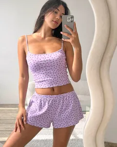 Detail of lavender floral lace camisole and shorts set for cozy loungewear style
