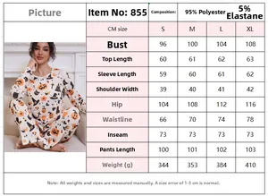 Detaillierte Größentabelle für Damen Halloween Schlafanzug-Set mit Maßen von S bis XL