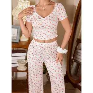 Ensemble détente 2 pièces fleuri avec haut court col V en dentelle et pantalon large