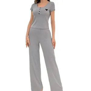 Women's grey ribbed knit pajama set with short sleeve top and heart embroidery