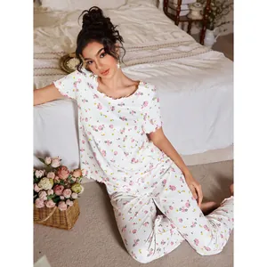 Pigiama da Donna Top E Pantaloni Lunghi Stampa Floreale Bordo a Lattuga Costine Abbigliamento da Casa