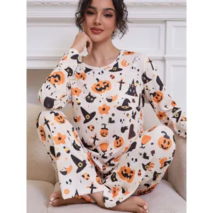 Damen Halloween Cartoon Druck Schlafanzug-Set Langarm Rundhals Top Und Bottom Loungewear Mit Kürbis Muster