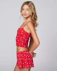 Detailed view of red floral lace loungewear set with white snowflake prints for women