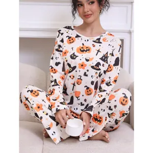 Halloween-Schlafanzug-Set für Damen mit Kürbis-Print und gerippter langer Hose