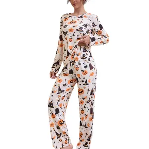 Halloween-Schlafanzug für Damen mit Kürbis-Print und Langarm-Oberteil, Set