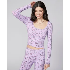 Lavender floral pajama set featuring long sleeves and slim fit ribbed fabric