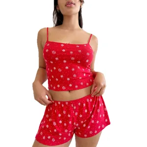 Sexy red floral lace lingerie set with snowflake prints for women lounging at home