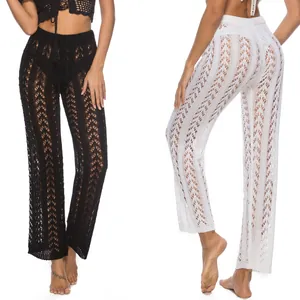 Pantaloni da spiaggia donna in maglia a uncinetto traforata neri e bianchi larghi