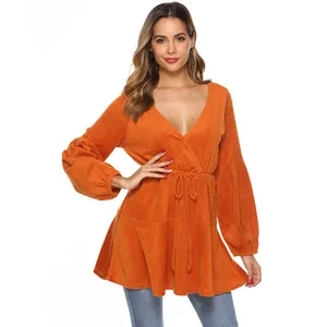 Chic orange V-neck wrap velvet knit dress with lantern sleeves and drawstring waist