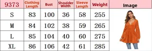 Detailed size guide table for women's long sleeve orange knit dress with drawstring waist